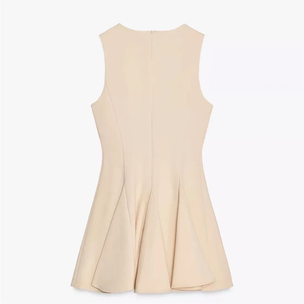 Zara Beige Mini Godet Fit & Flare Dress w/ Front Bow Detail, Sleeveless Sz M NWT - Picture 3 of 8